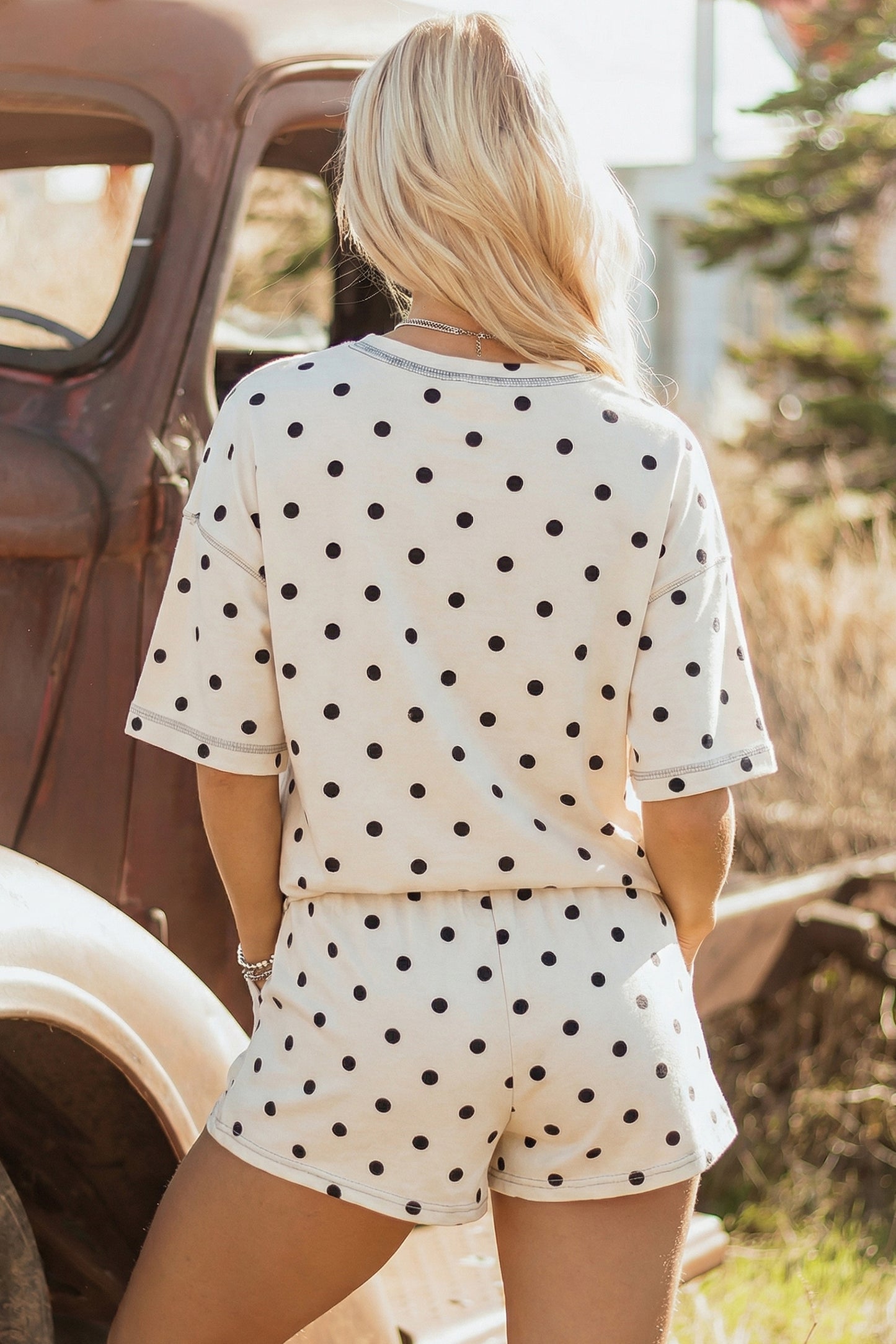 Sky Blue Exposed Seam Detail Polka Dot Loose Tee Drawstring Shorts Set